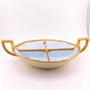 Bavaria Light Blue Divided Handled Gold Trim Candy Relish Dish Bowl Vintage